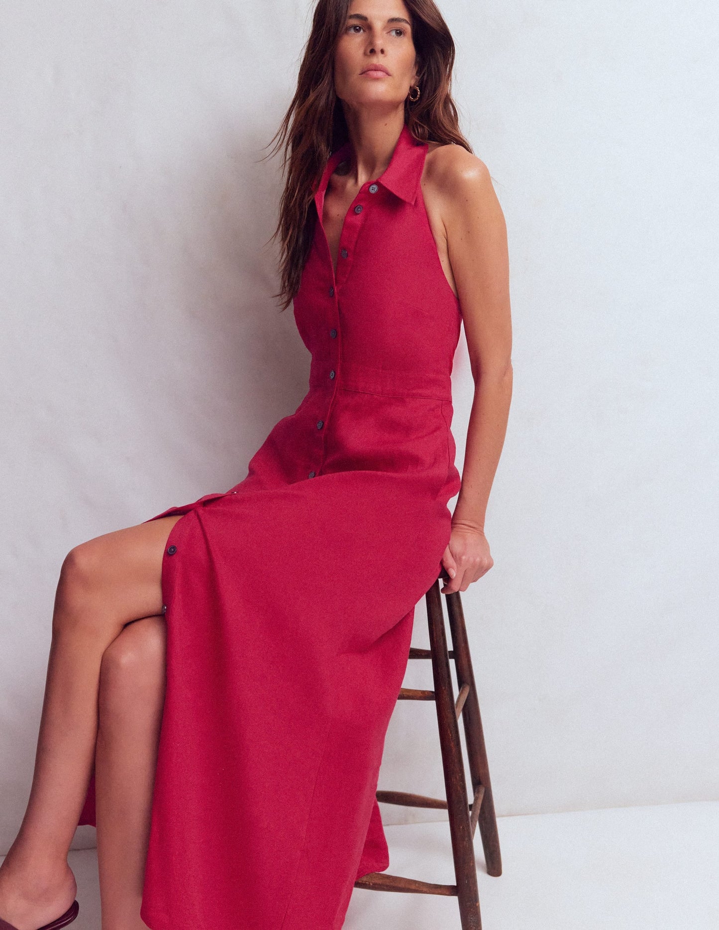 Halter Linen Blend Maxi Dress-Pomegranate