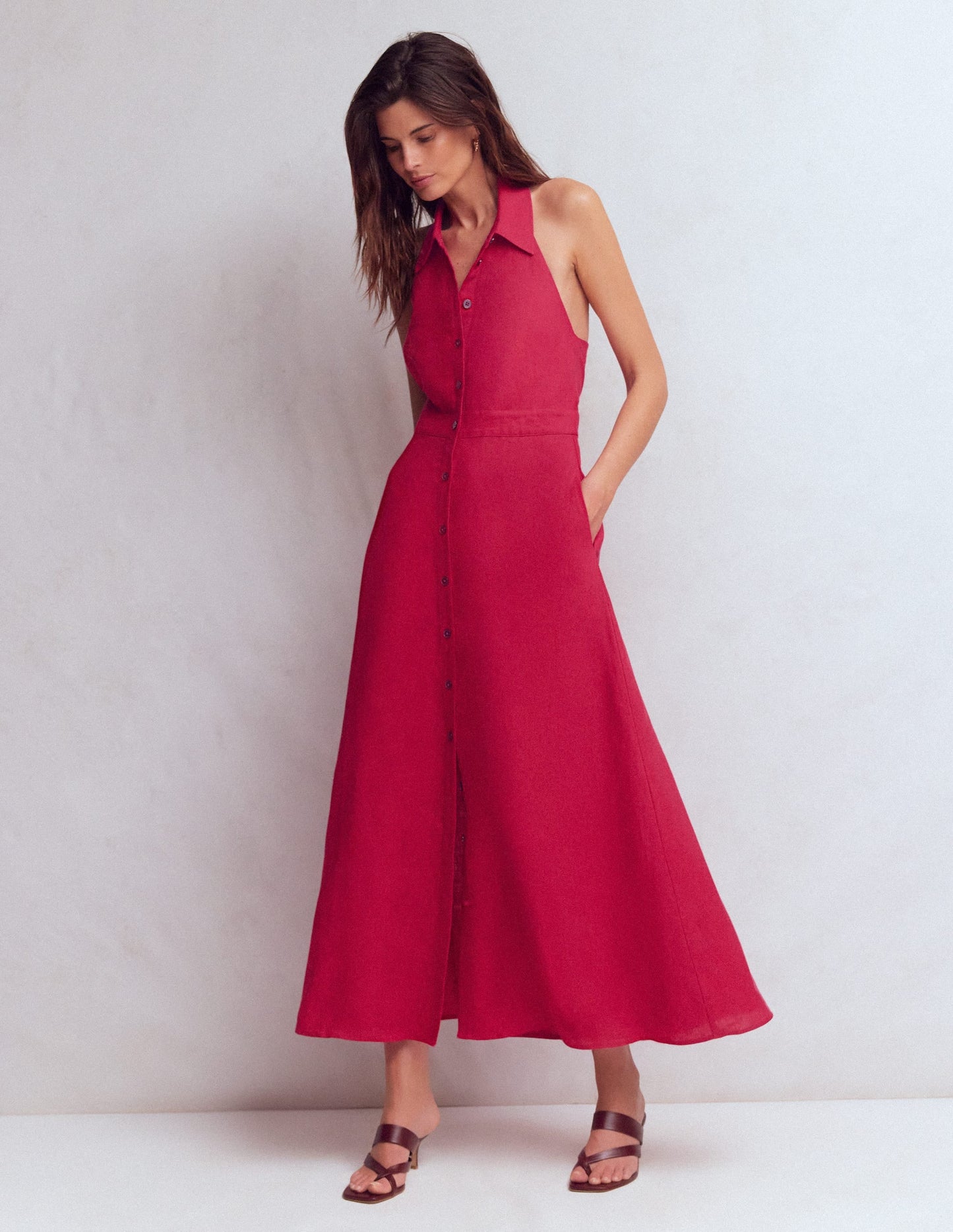 Halter Linen Blend Maxi Dress-Pomegranate
