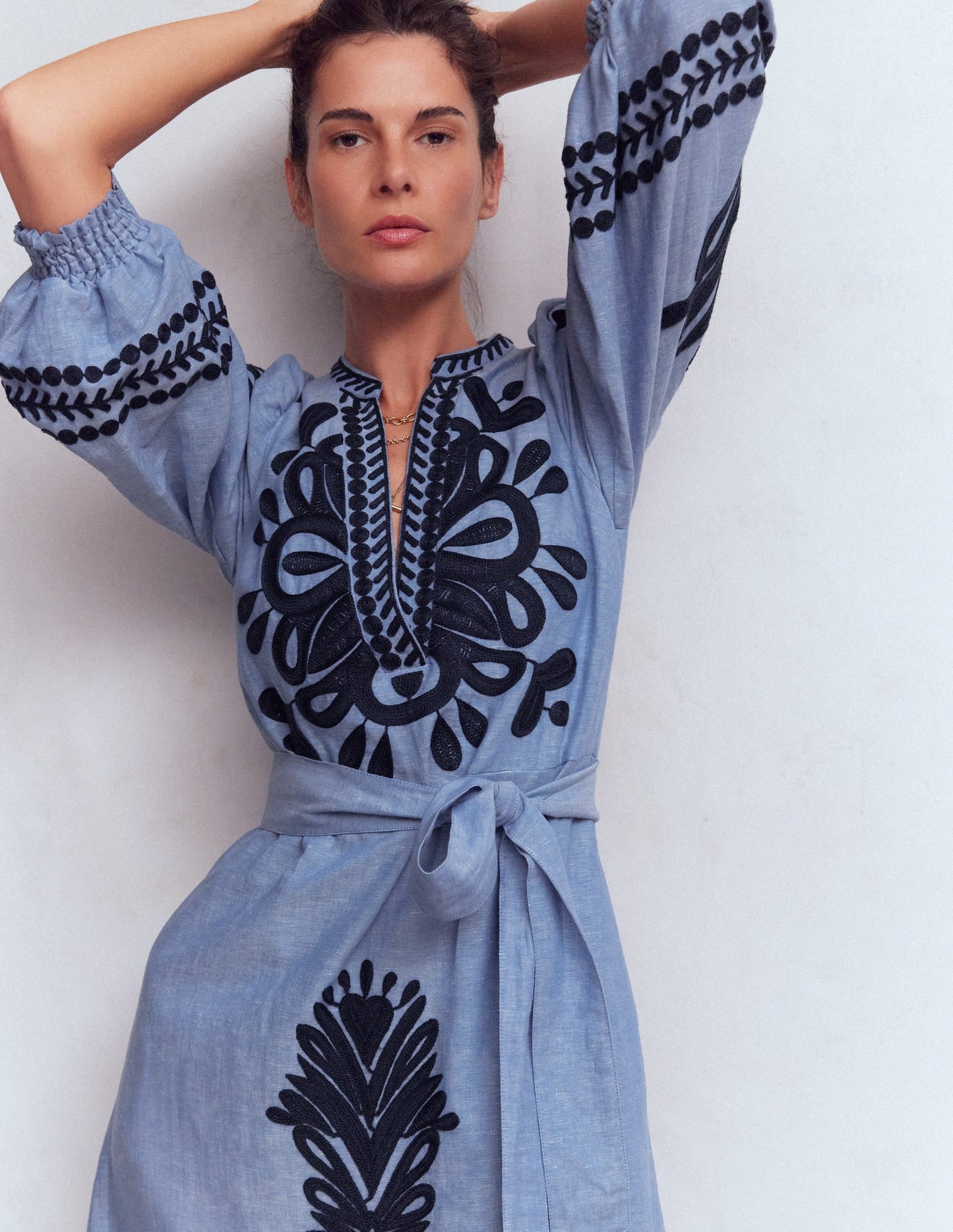 Octavia Linen Blend Dress-Embroidered Chambray