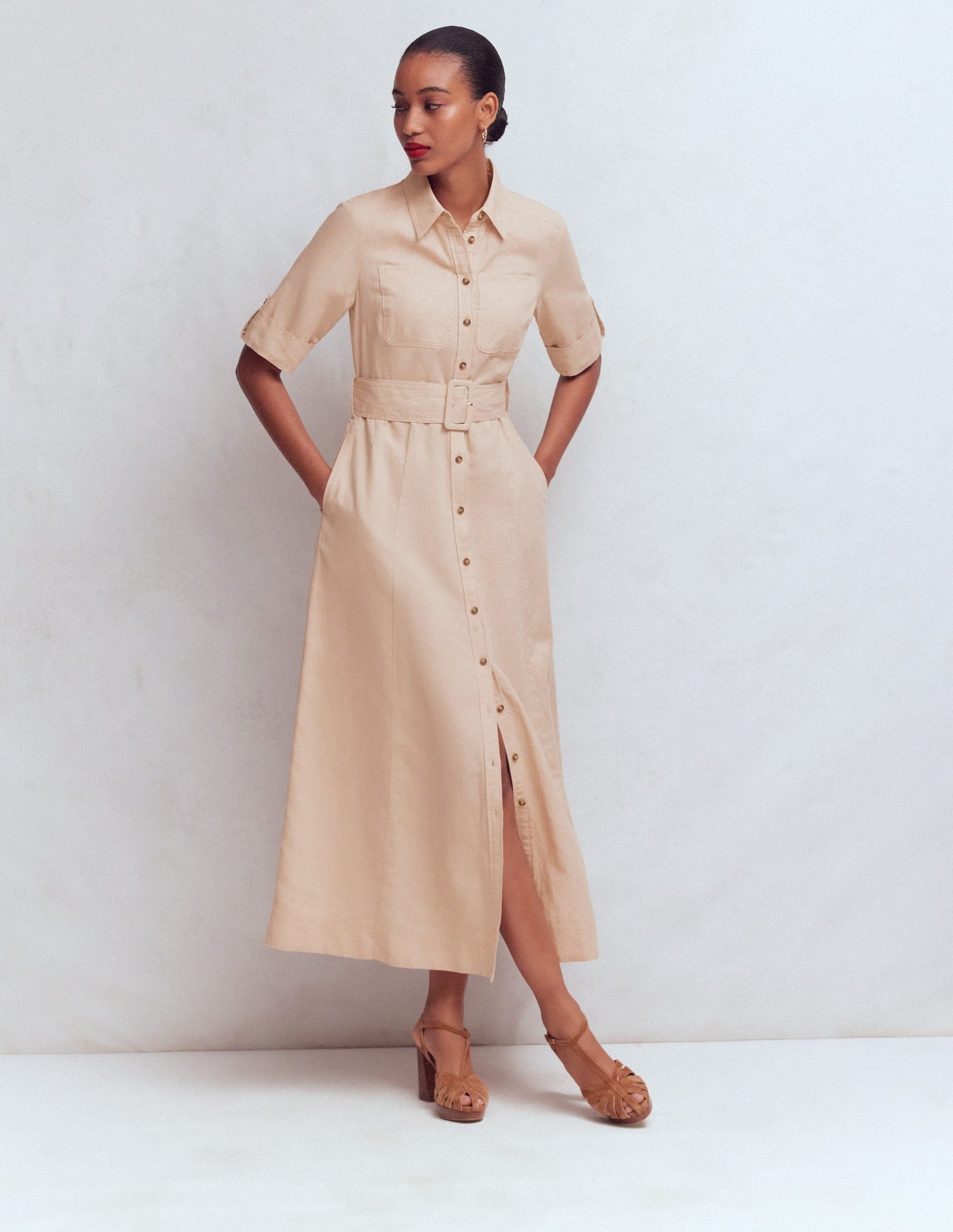Ora Linen Blend Shirt Dress-Coffee