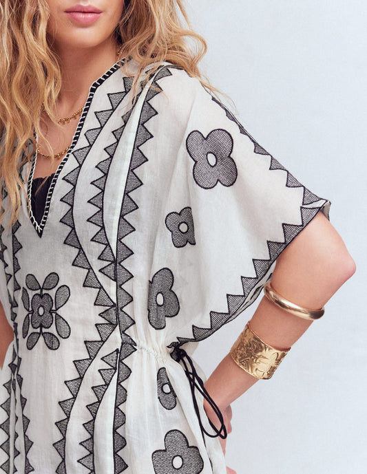 Side Tie Kaftan Dress-White Black Embroidered