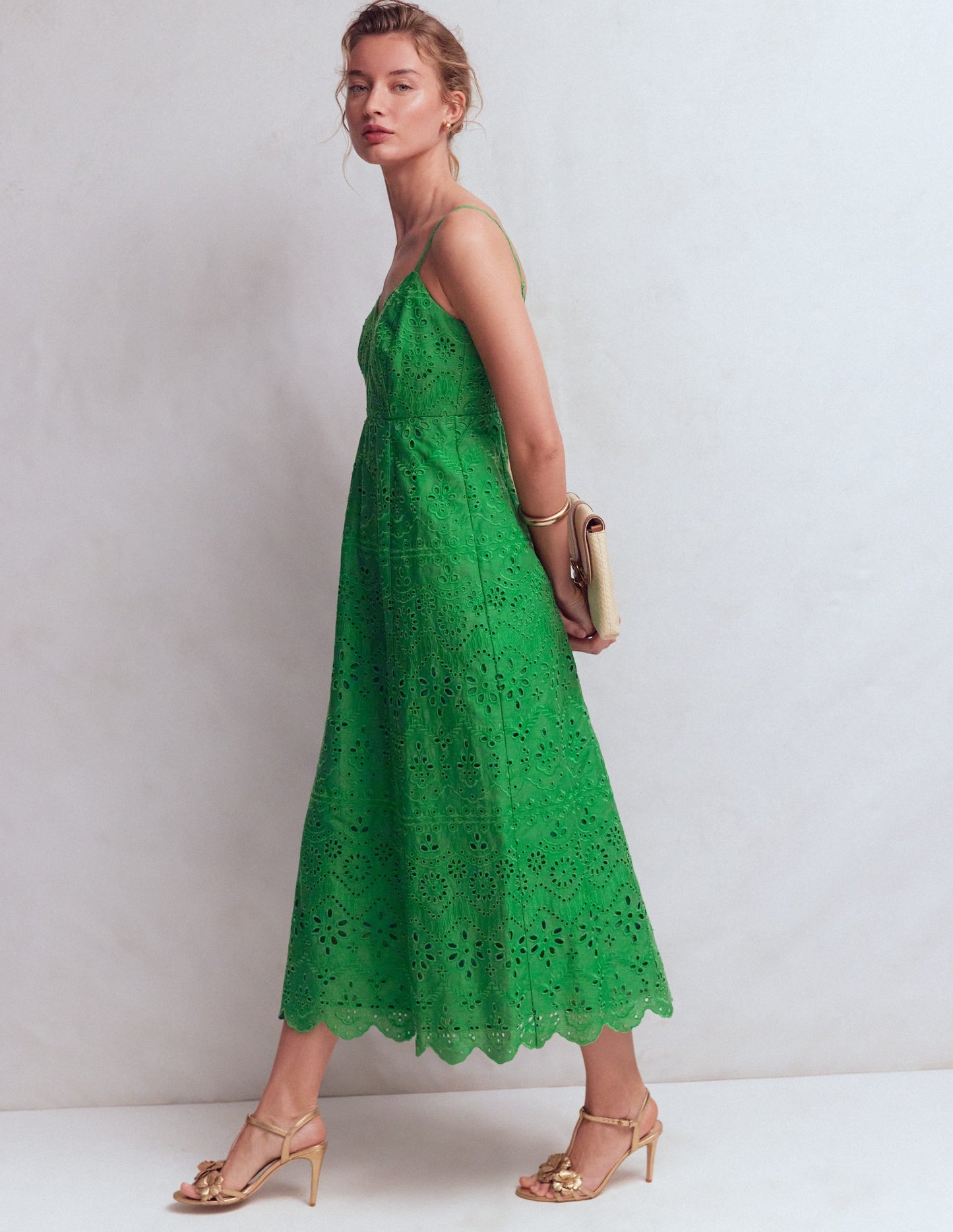 Empire Linen Broderie Dress-Rich Emerald Broderie