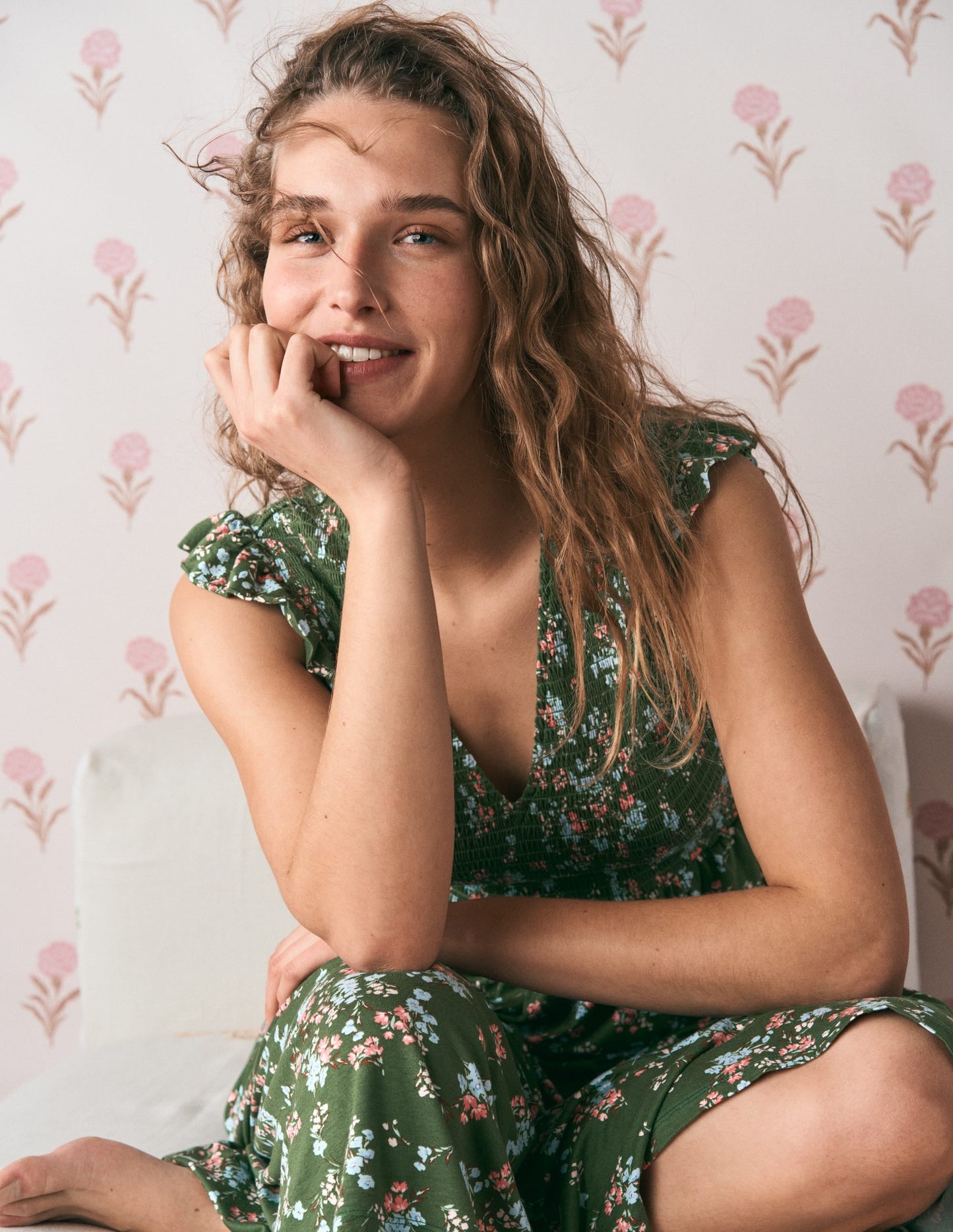 Smocked Jersey Midi Dress-Promenade Green, Bloom Scatter