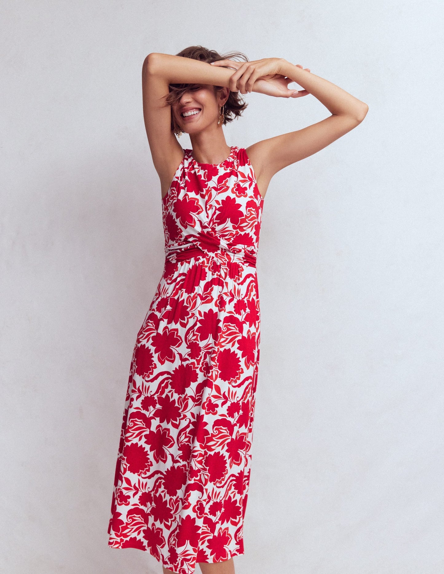 Zara Cross Waist Jersey Dress-Merida Red, Shadow Blossom