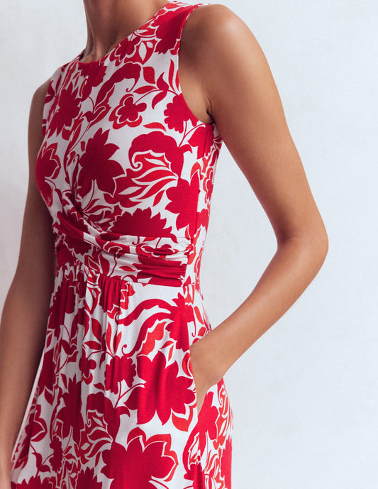 Zara Cross Waist Jersey Dress-Merida Red, Shadow Blossom
