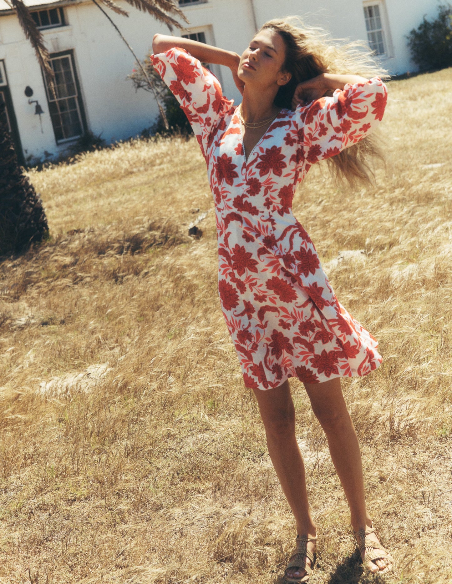 Marla Linen Blend Short Dress-Red Elegant Blossom