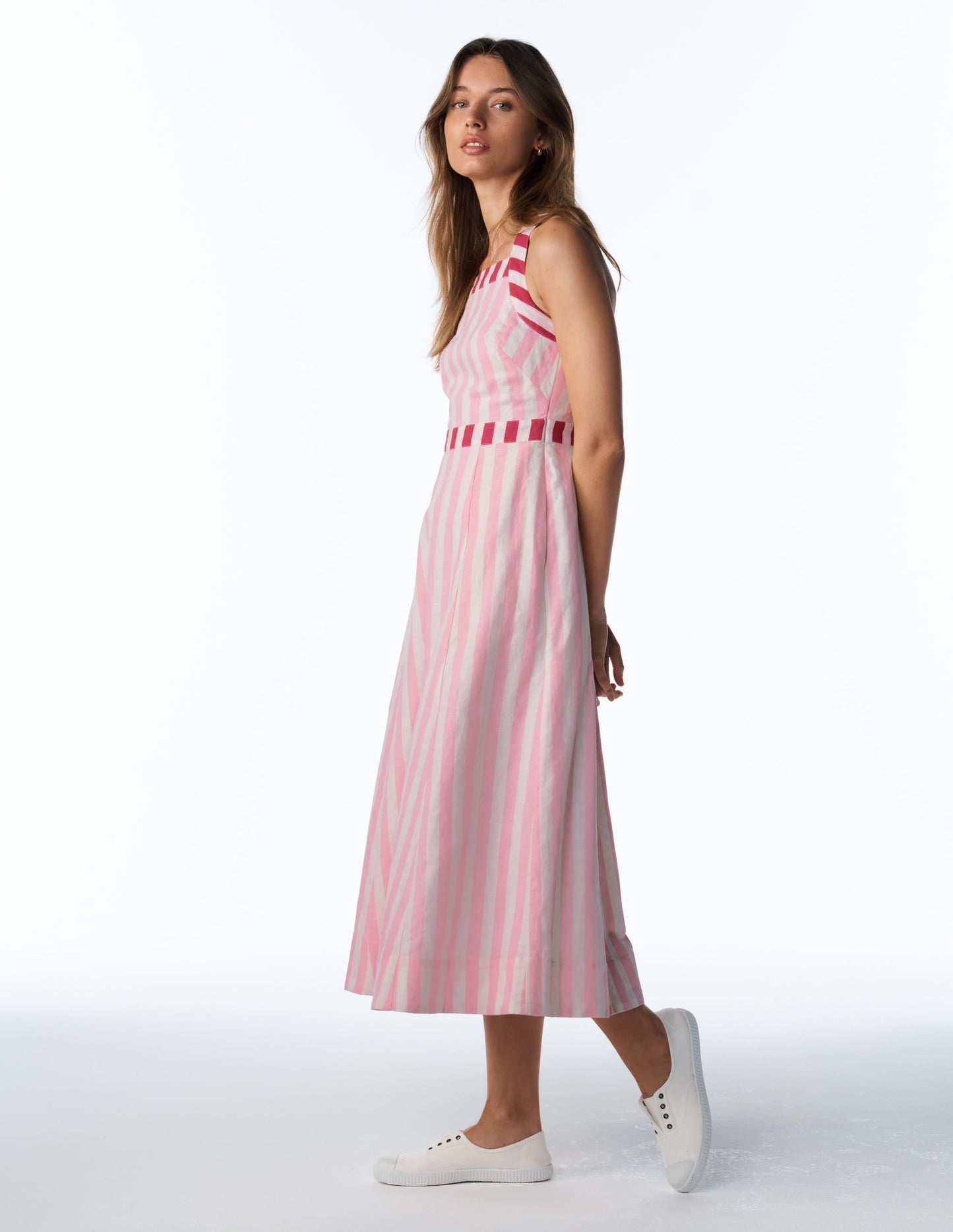 Cross-back Linen Blend Dress-Orchid Pink Stripe