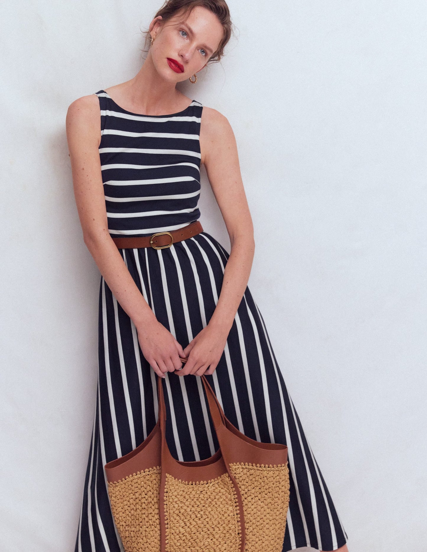 Saoirse Smock Back Dress-Navy, Ivory Stripe