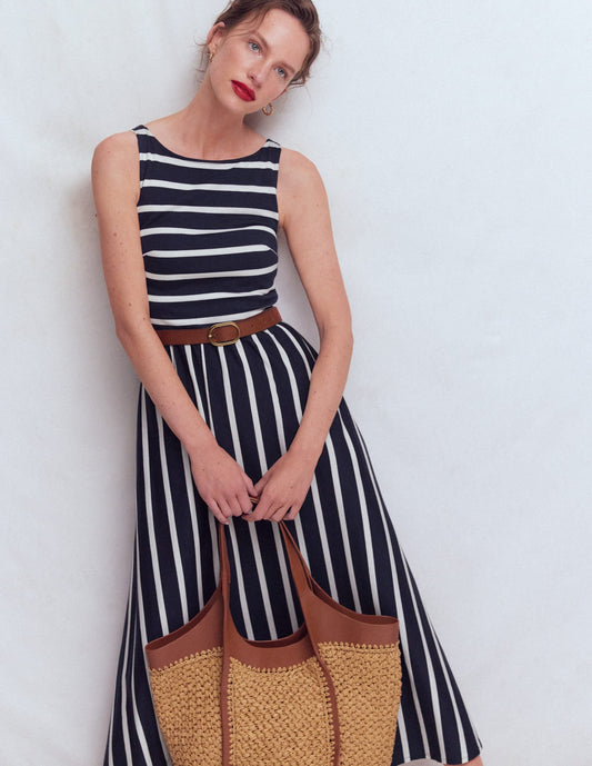 Saoirse Smock Back Dress-Navy, Ivory Stripe