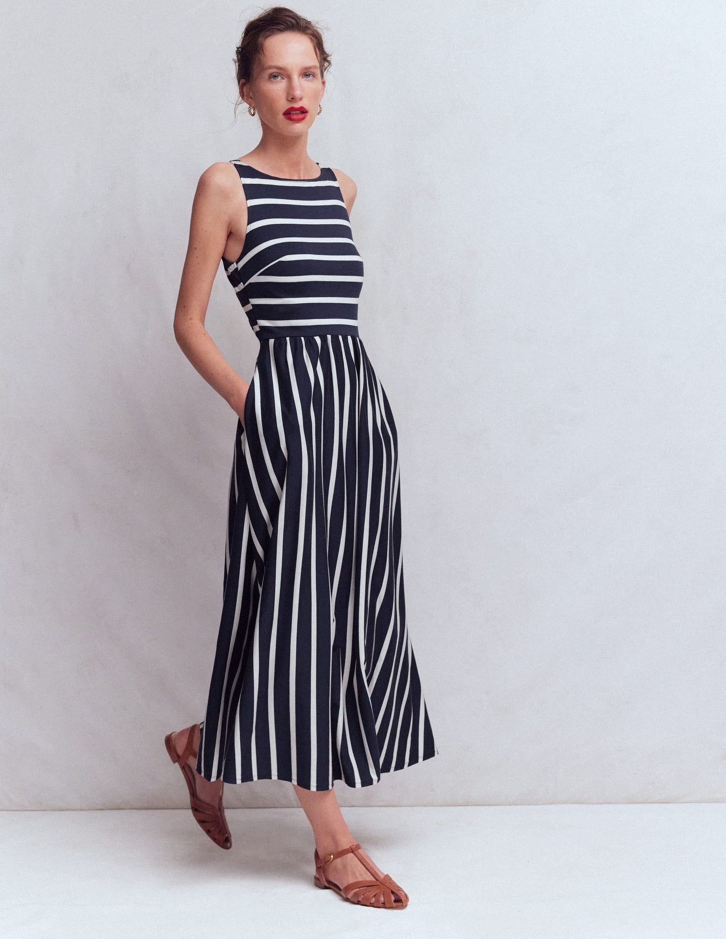 Saoirse Smock Back Dress-Navy, Ivory Stripe
