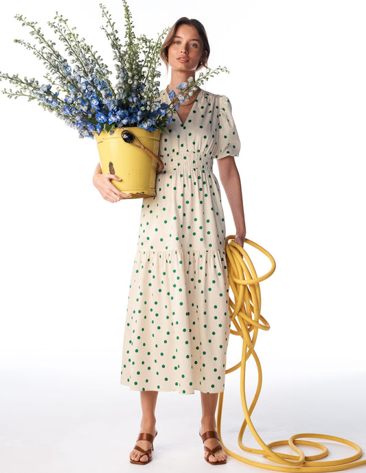 Irene Puff Sleeve Cotton Dress-Papyrus, Painted Dot Spaced