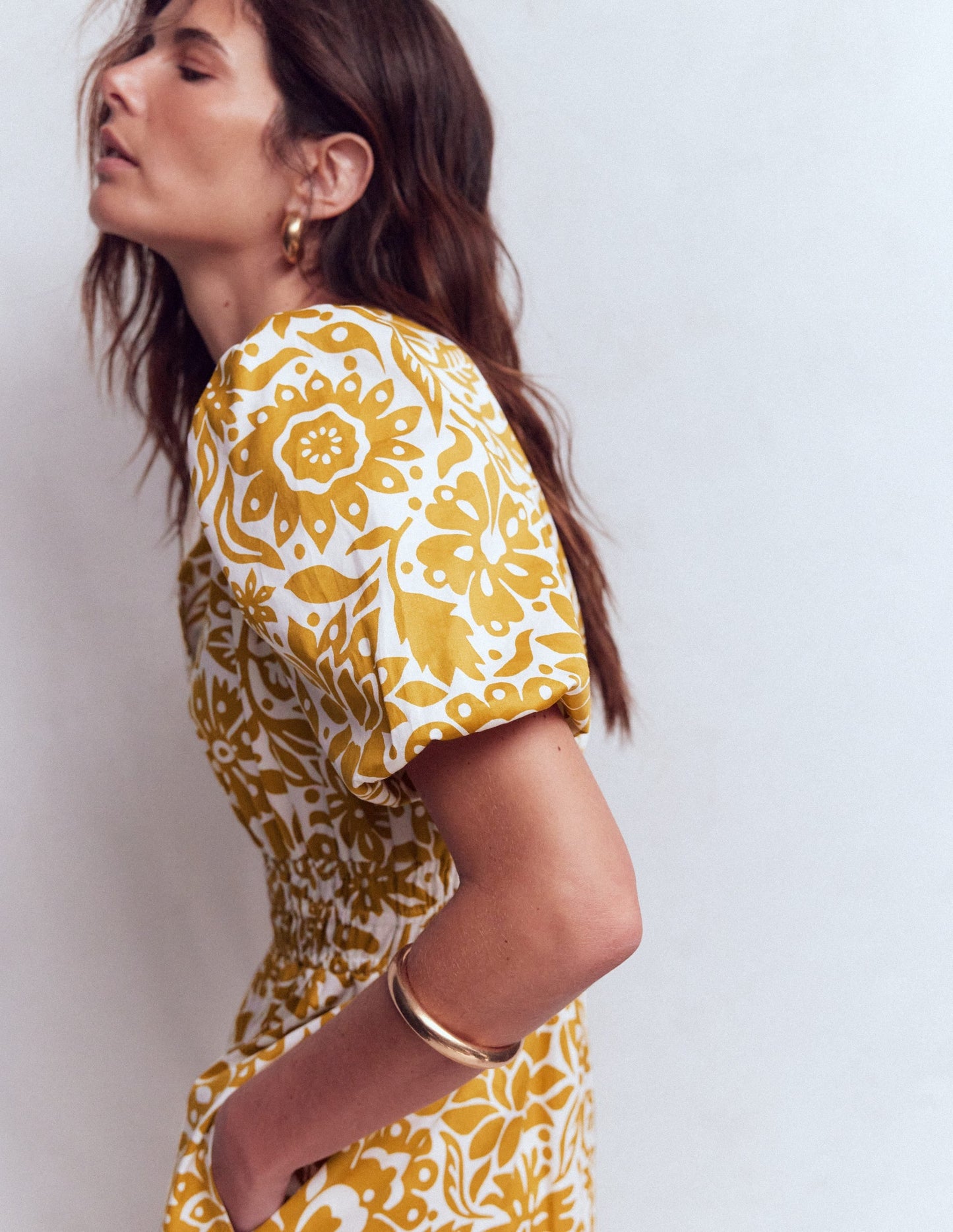 Irene Puff Sleeve Cotton Dress-Gold Wheat, Meadow Scatter