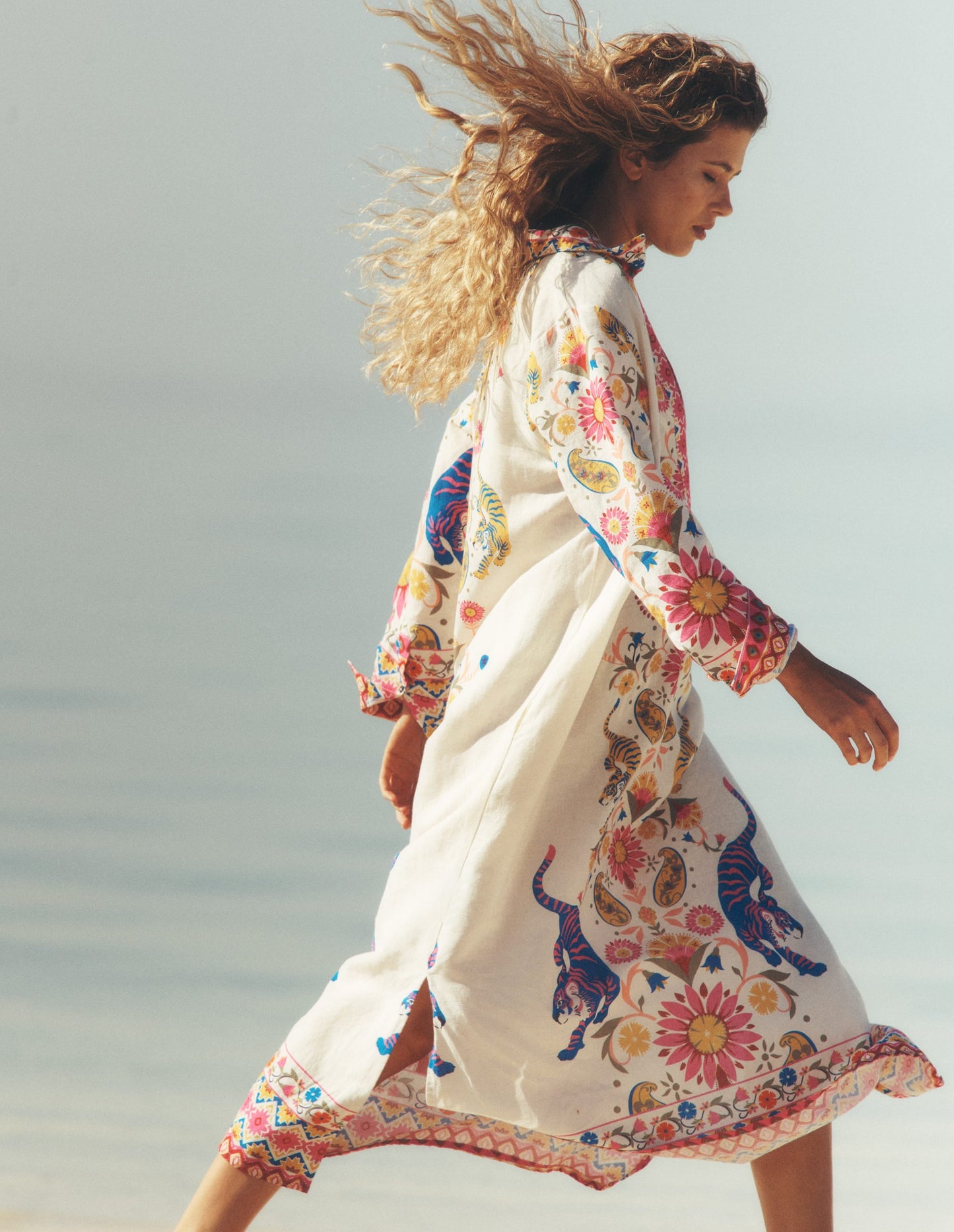 Notch Collar Linen Blend Tunic-Multi Tiger Tapestry