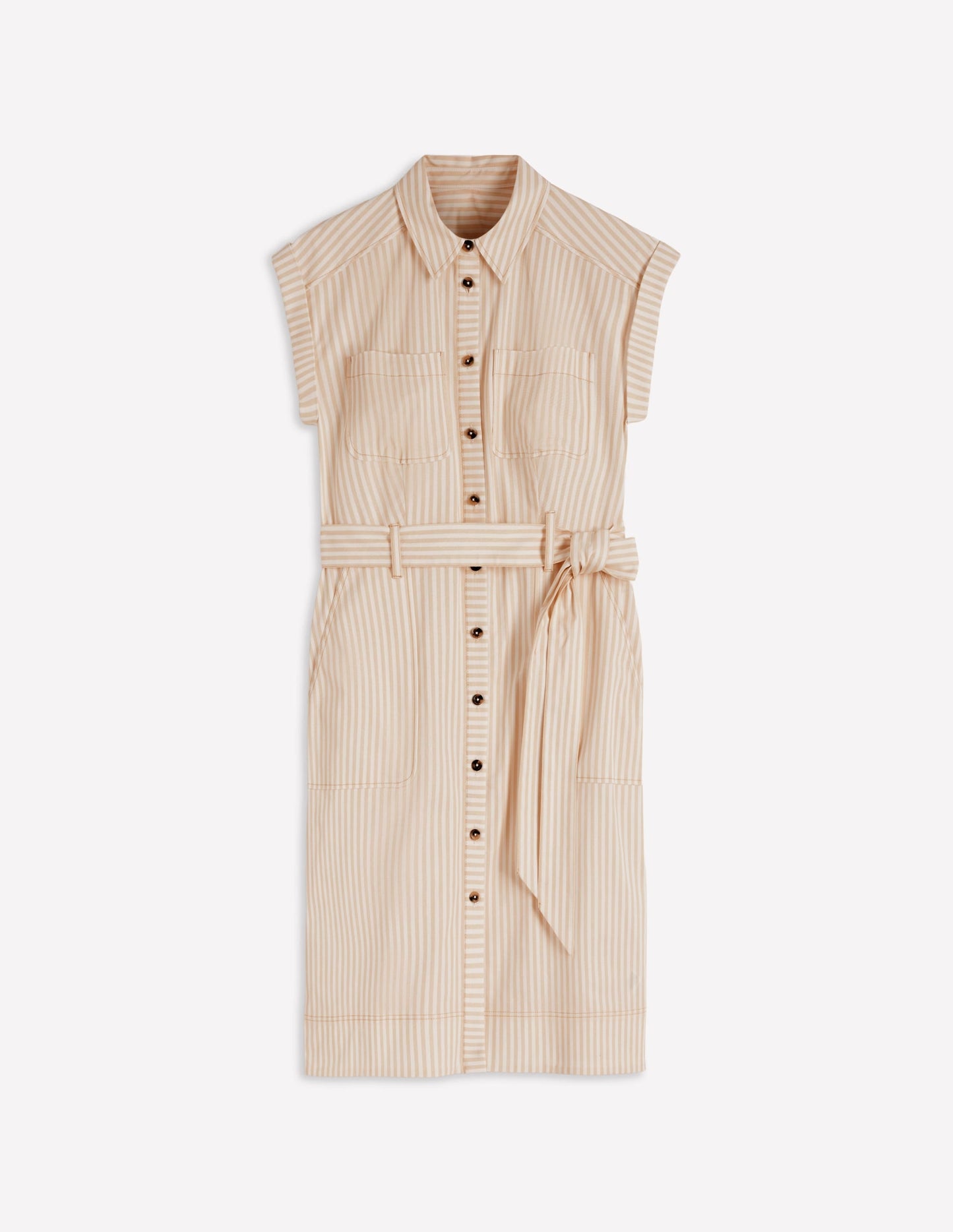 Short Belted Shirt Dress-Brown, Ivory Ticking Stripe