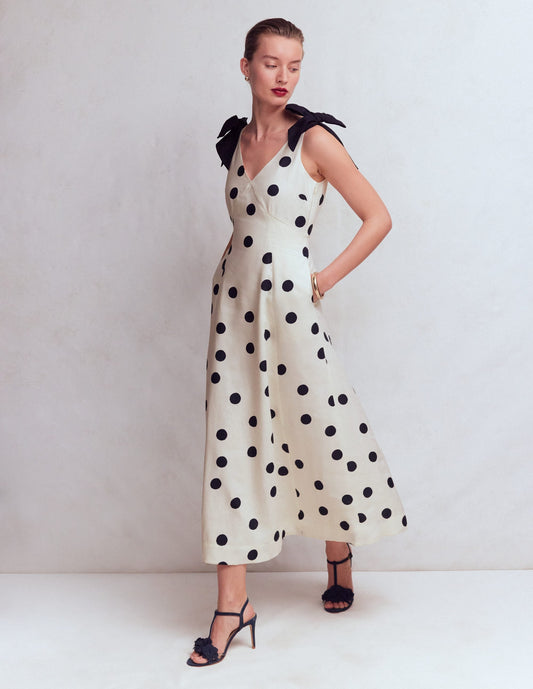 Bow Detail Linen Empire Dress-Ivory Painted Dot Spaced