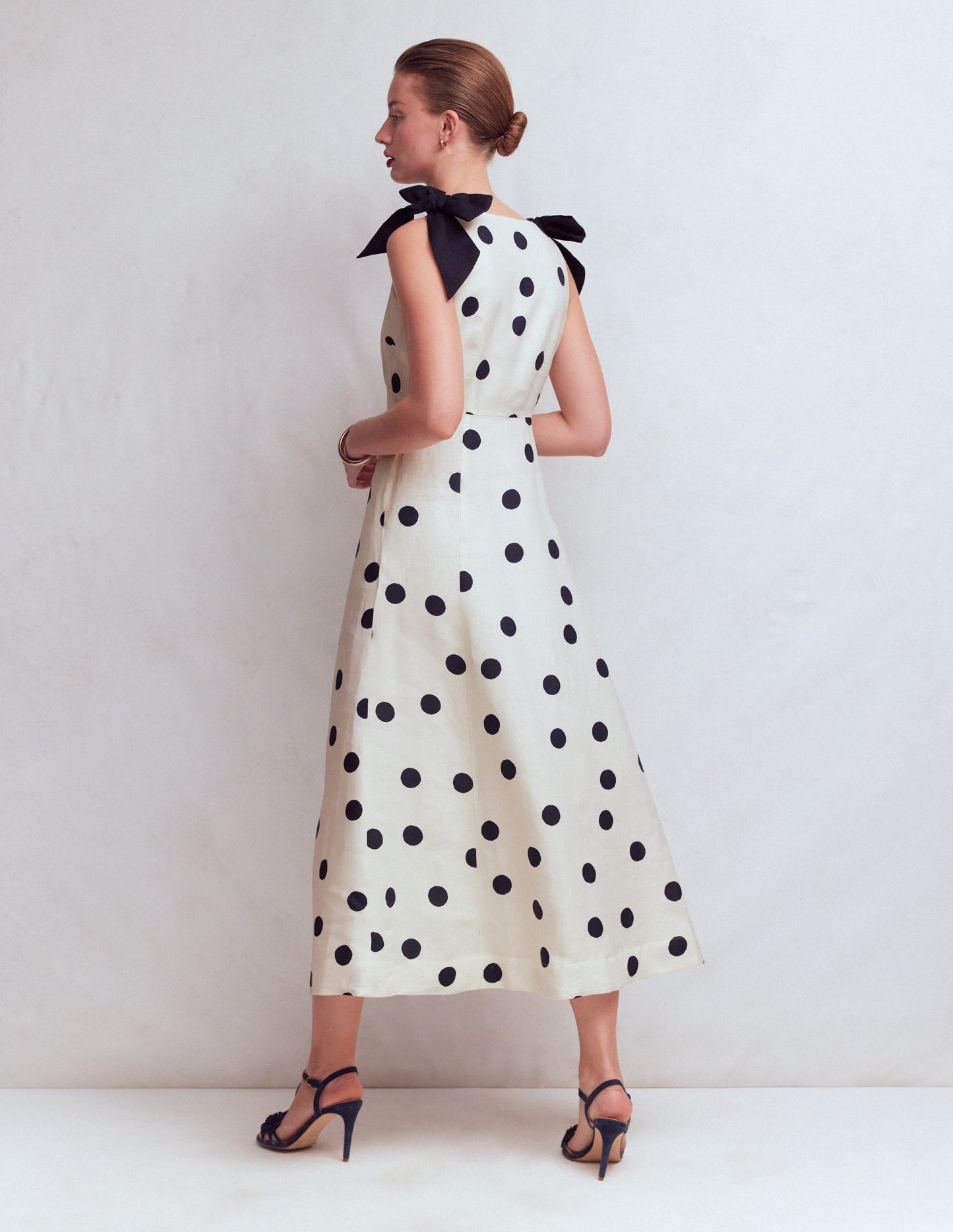 Bow Detail Linen Empire Dress-Ivory Painted Dot Spaced
