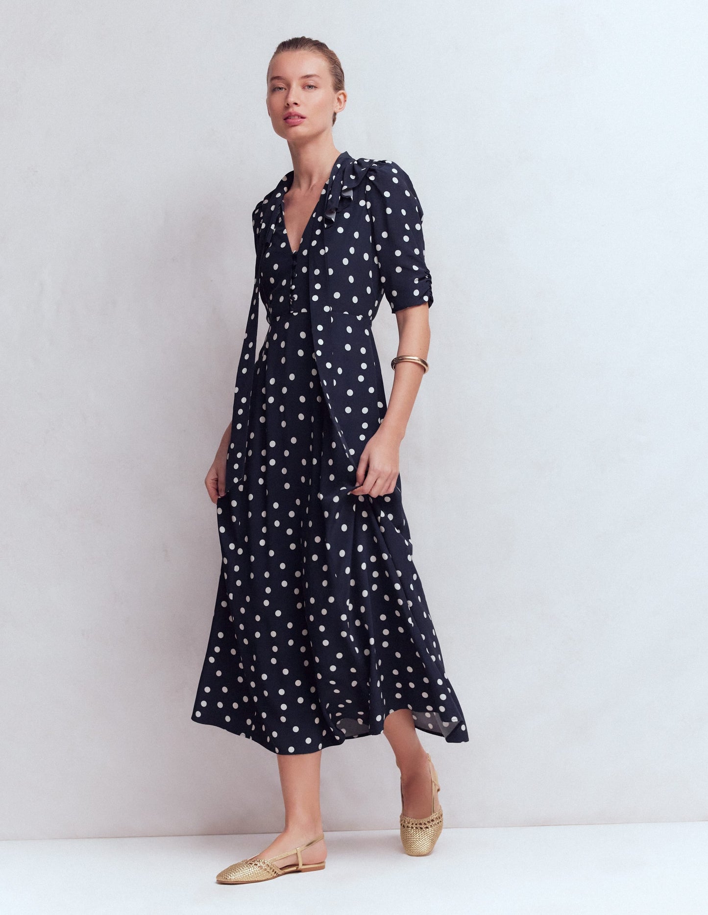 Ruffle Collar Midi Dress-French Navy Painted Spaced Dot