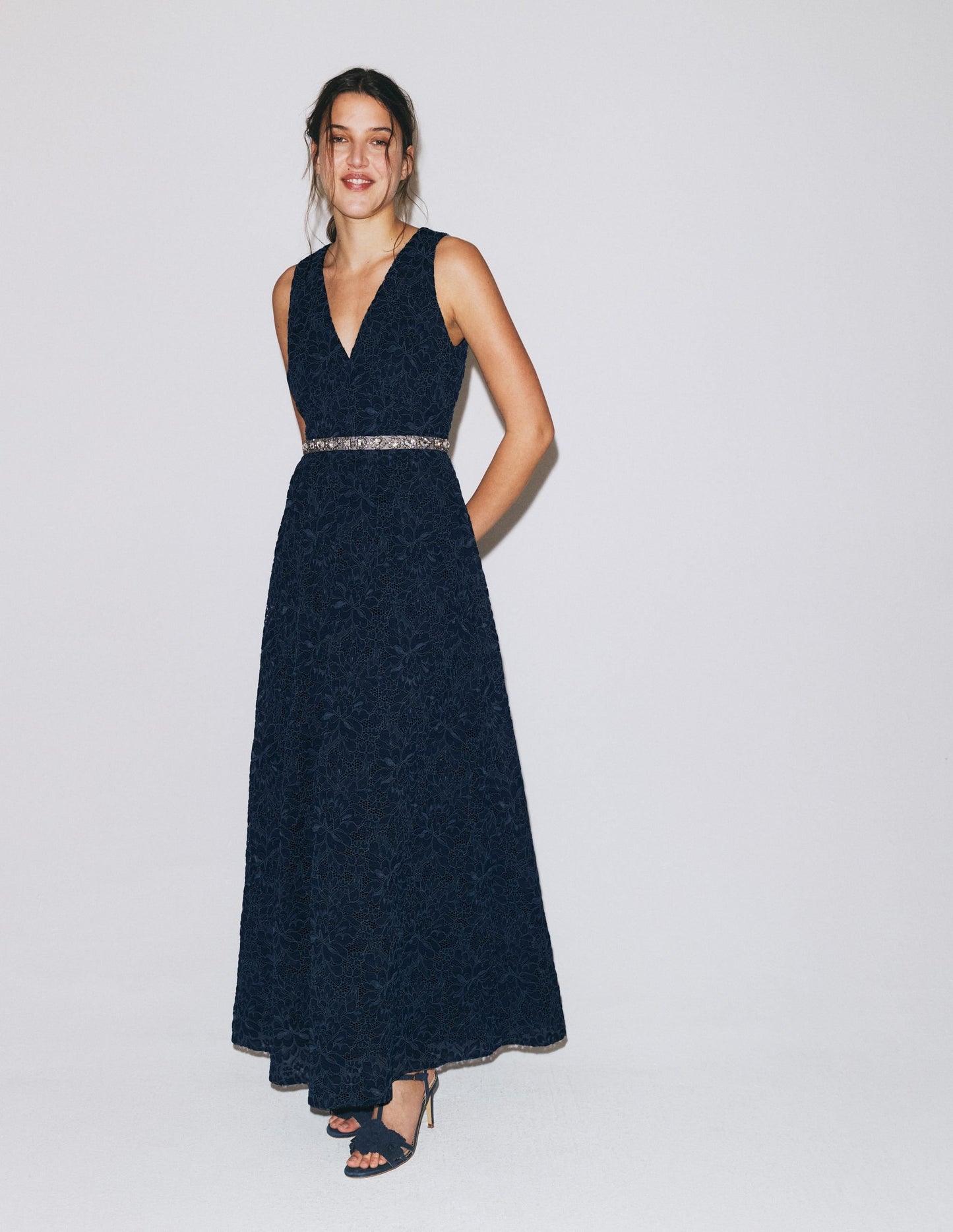 Lace Plunge Neck Panel Dress-Navy