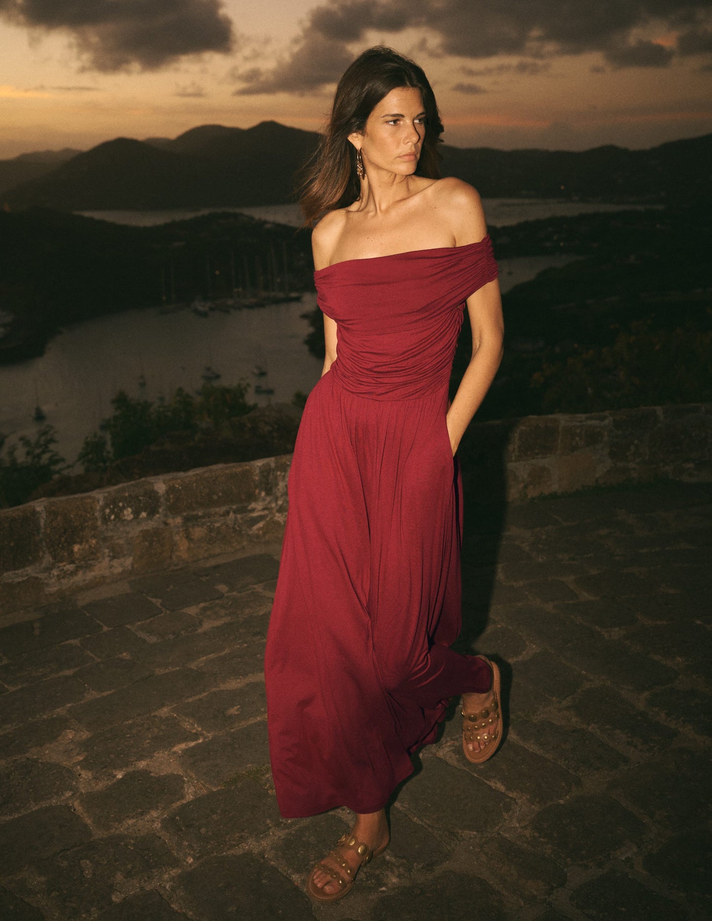 Ruched Bardot Maxi Dress-Burgundy