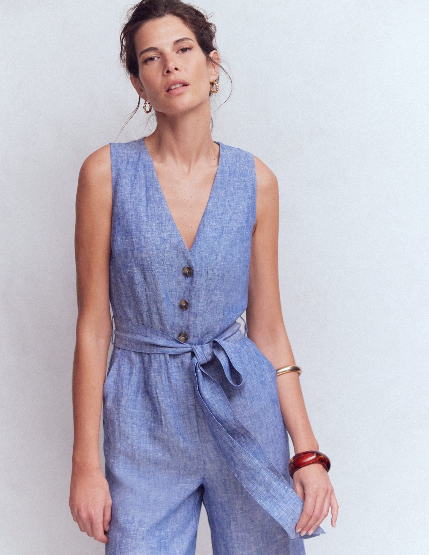 Laura V-neck Linen Jumpsuit-Authentic Blue Chambray