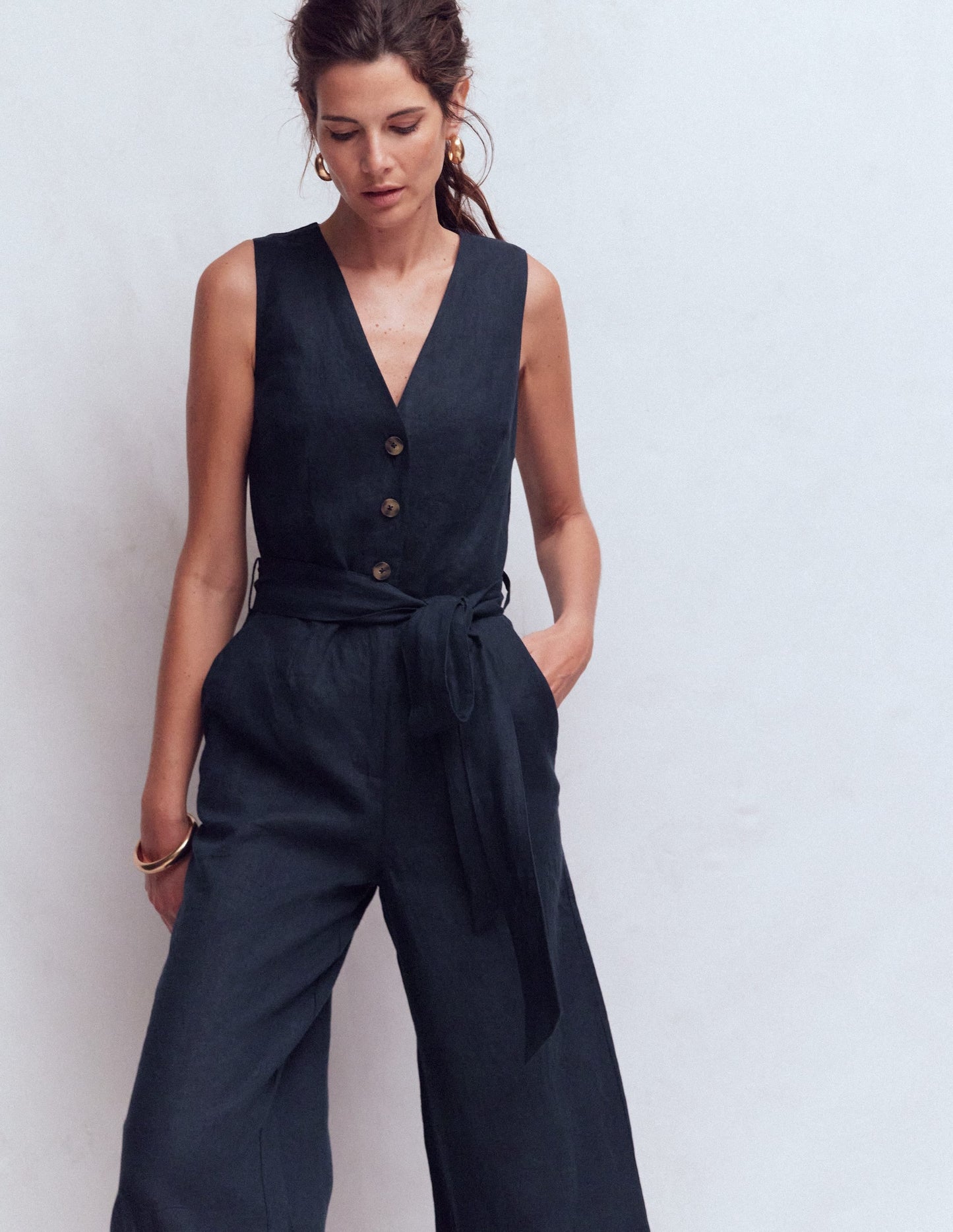 Laura V-neck Linen Jumpsuit-Navy