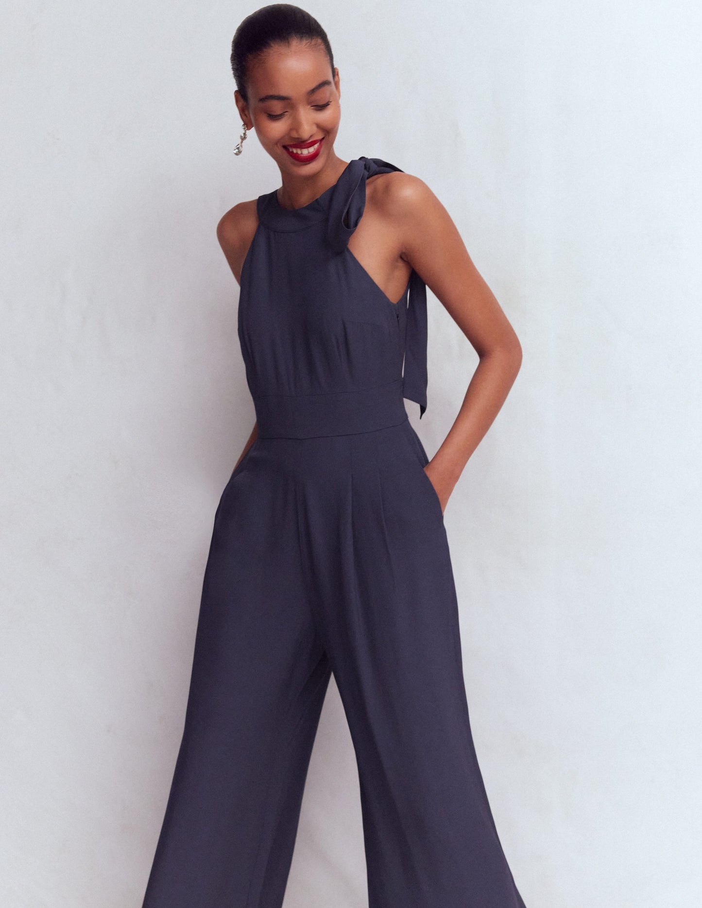 Tie Halter Neck Jumpsuit-Navy