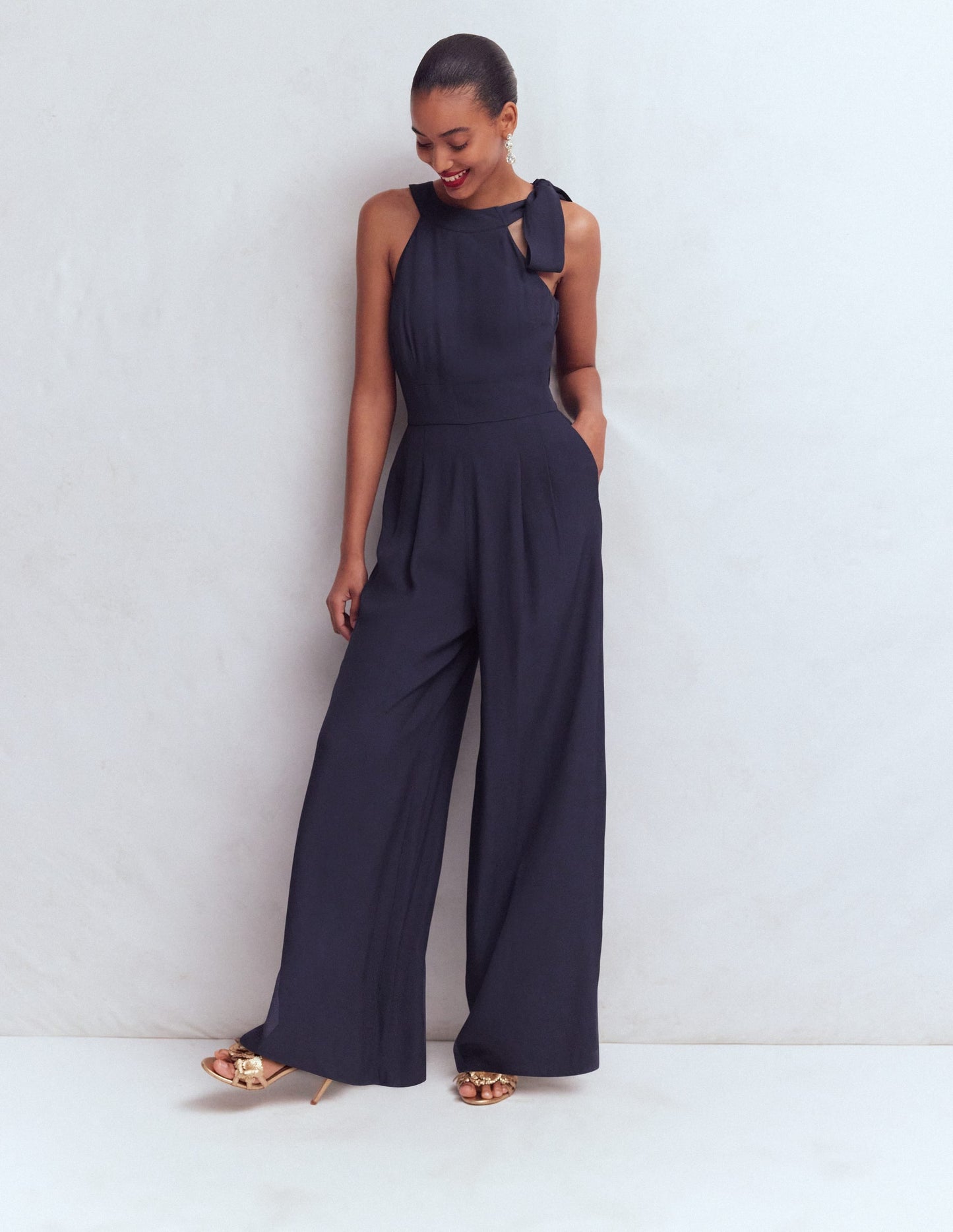 Tie Halter Neck Jumpsuit-Navy