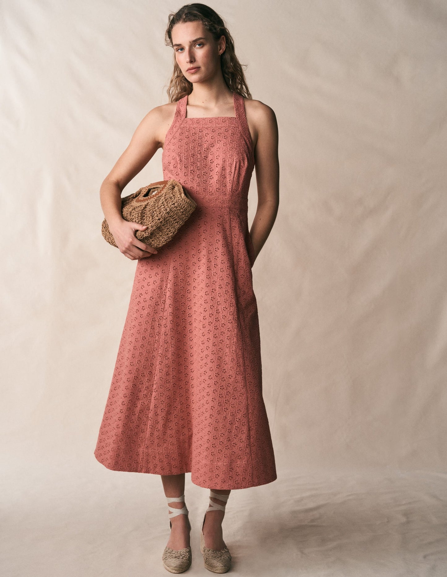 Cross Back Broderie Midi Dress-Vintage Rose Broderie