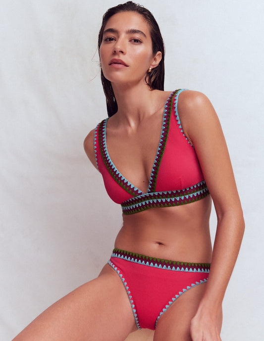Porto V-neck Bikini Top-Rosy, Embroidery