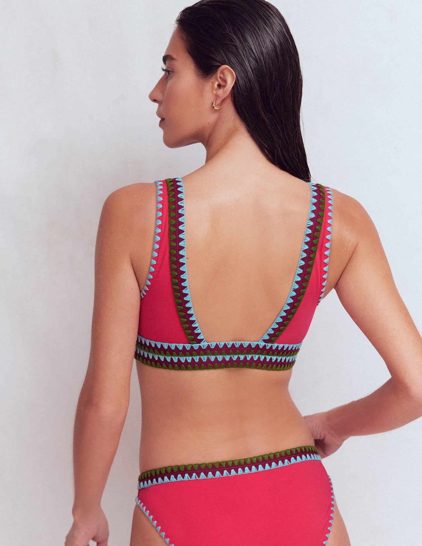 Porto V-neck Bikini Top-Rosy, Embroidery