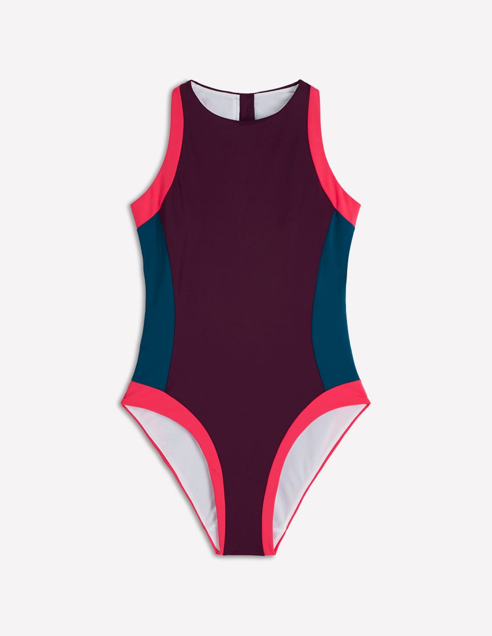 Sporty High Neck Swimsuit-Purple, Colourblock