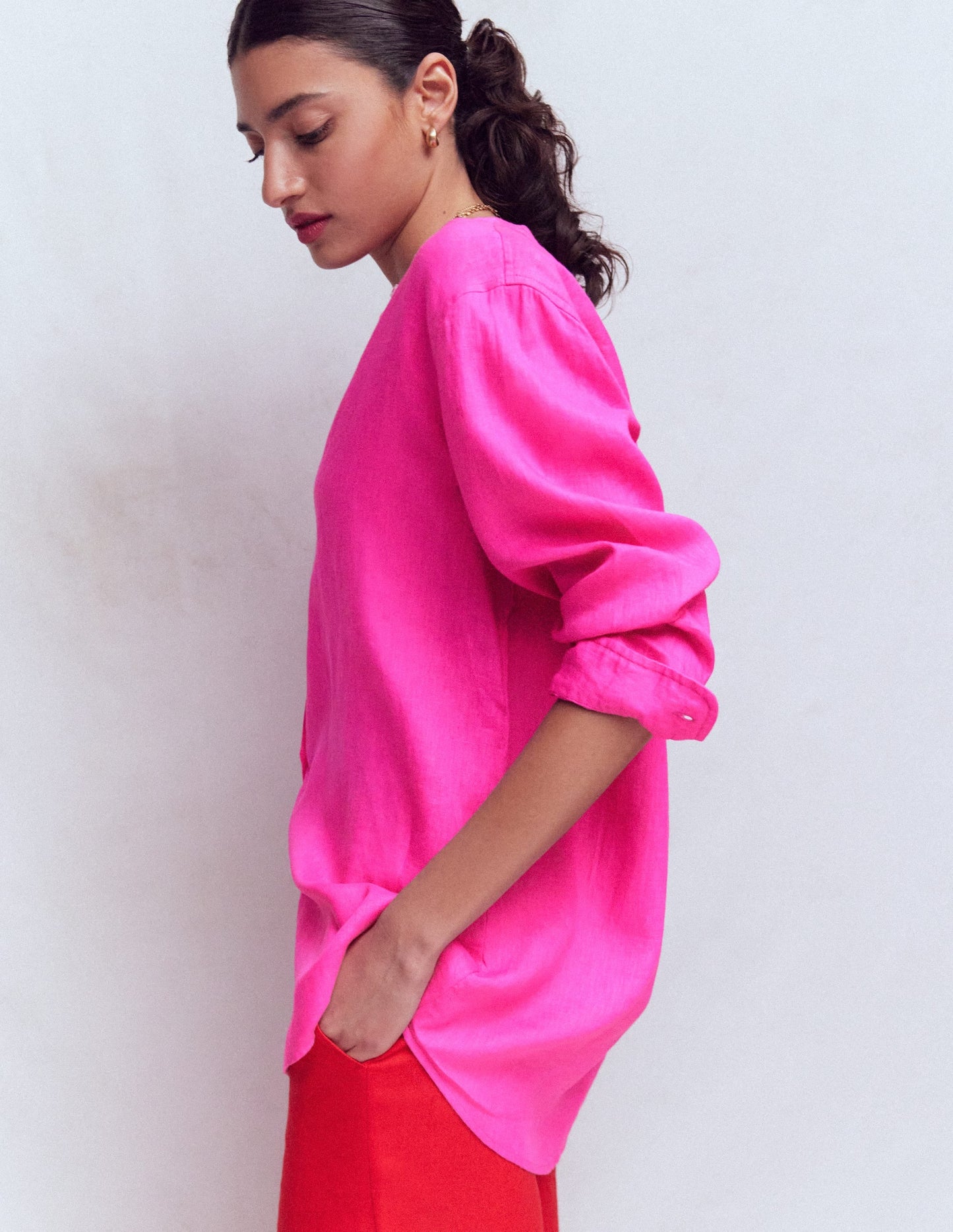 Longline Linen Shirt-Pop Pansy