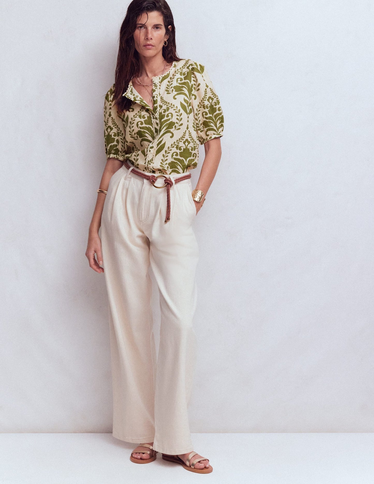 Leah Short Sleeve Linen Top-Green, Decorative Lattice