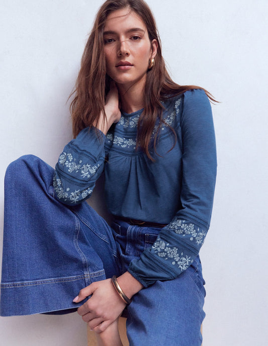 Rosie Embroidered Jersey Top-Denim Blue