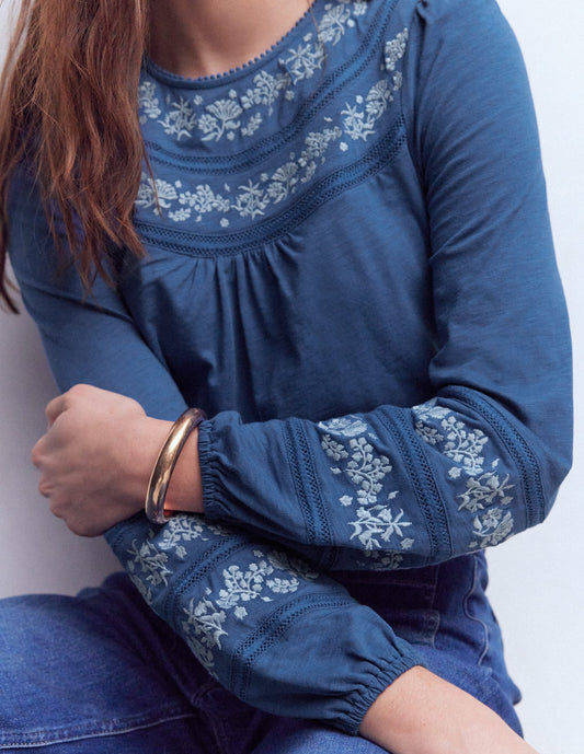 Rosie Embroidered Jersey Top-Denim Blue