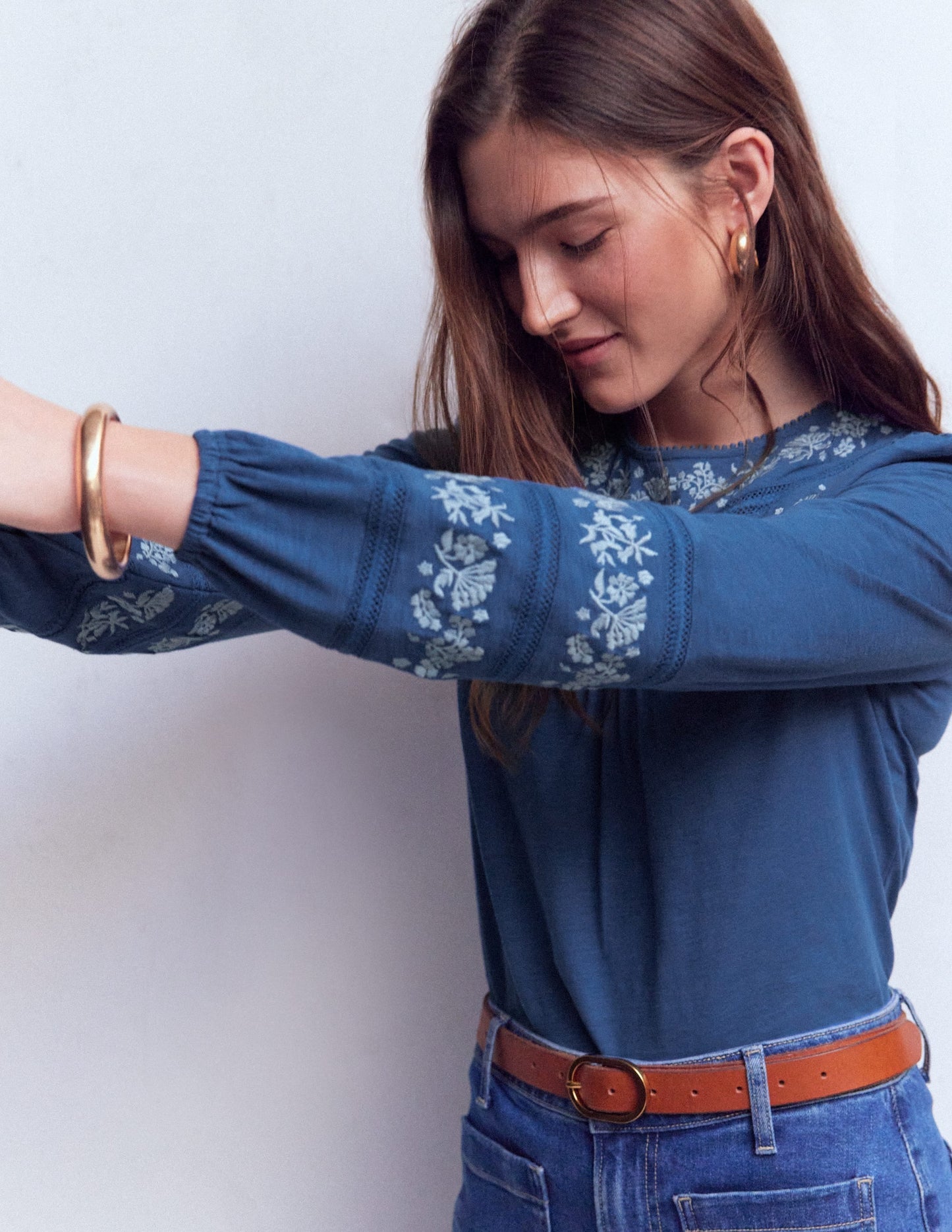Rosie Embroidered Jersey Top-Denim Blue