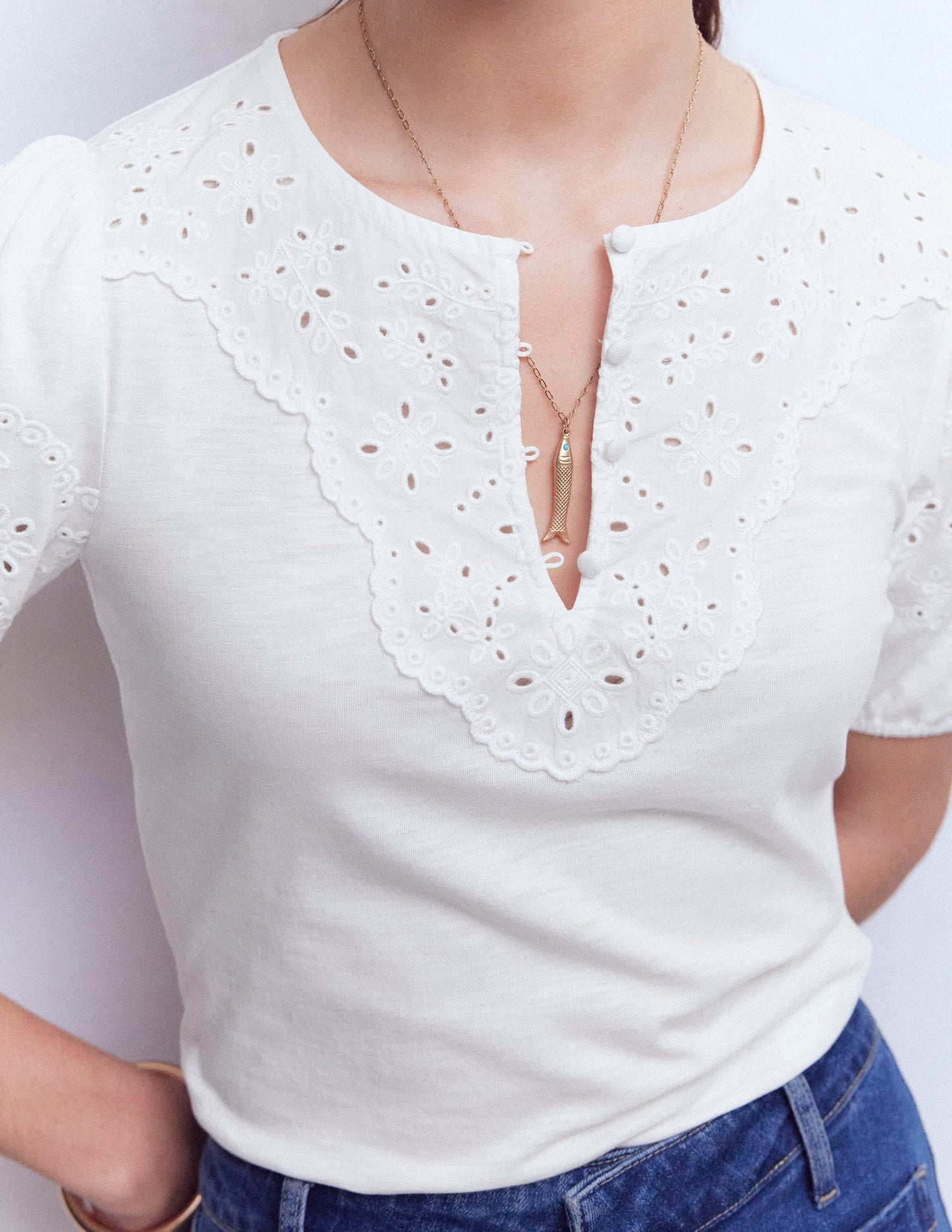 Ada Broderie Mix Top-White