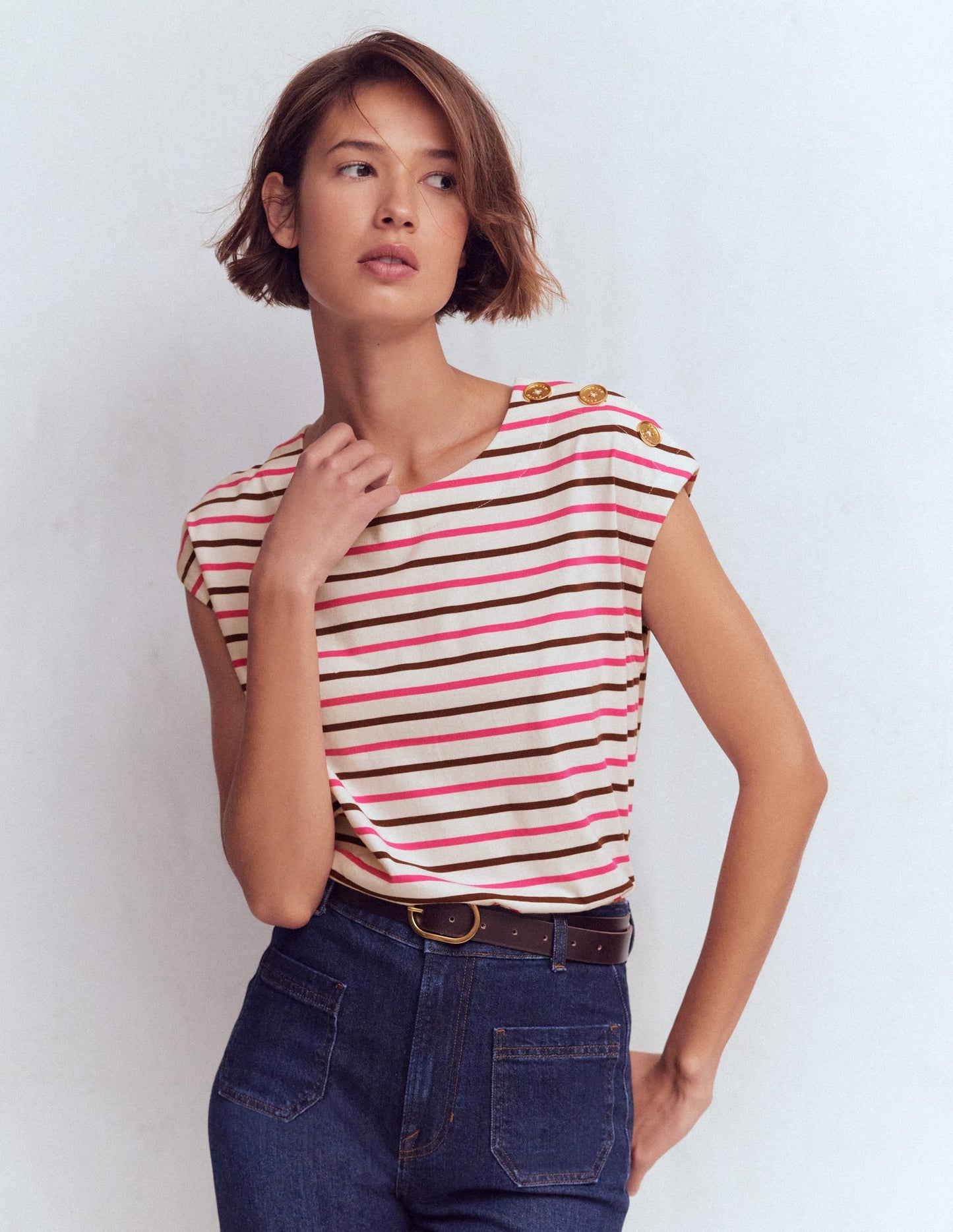 Button Detail T-Shirt-Pink Peony, Raw Umber Stripe