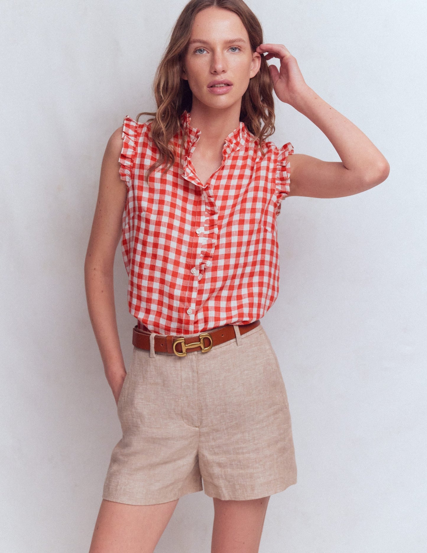 Isabel Sleeveless Linen Top-Burnt Red Gingham