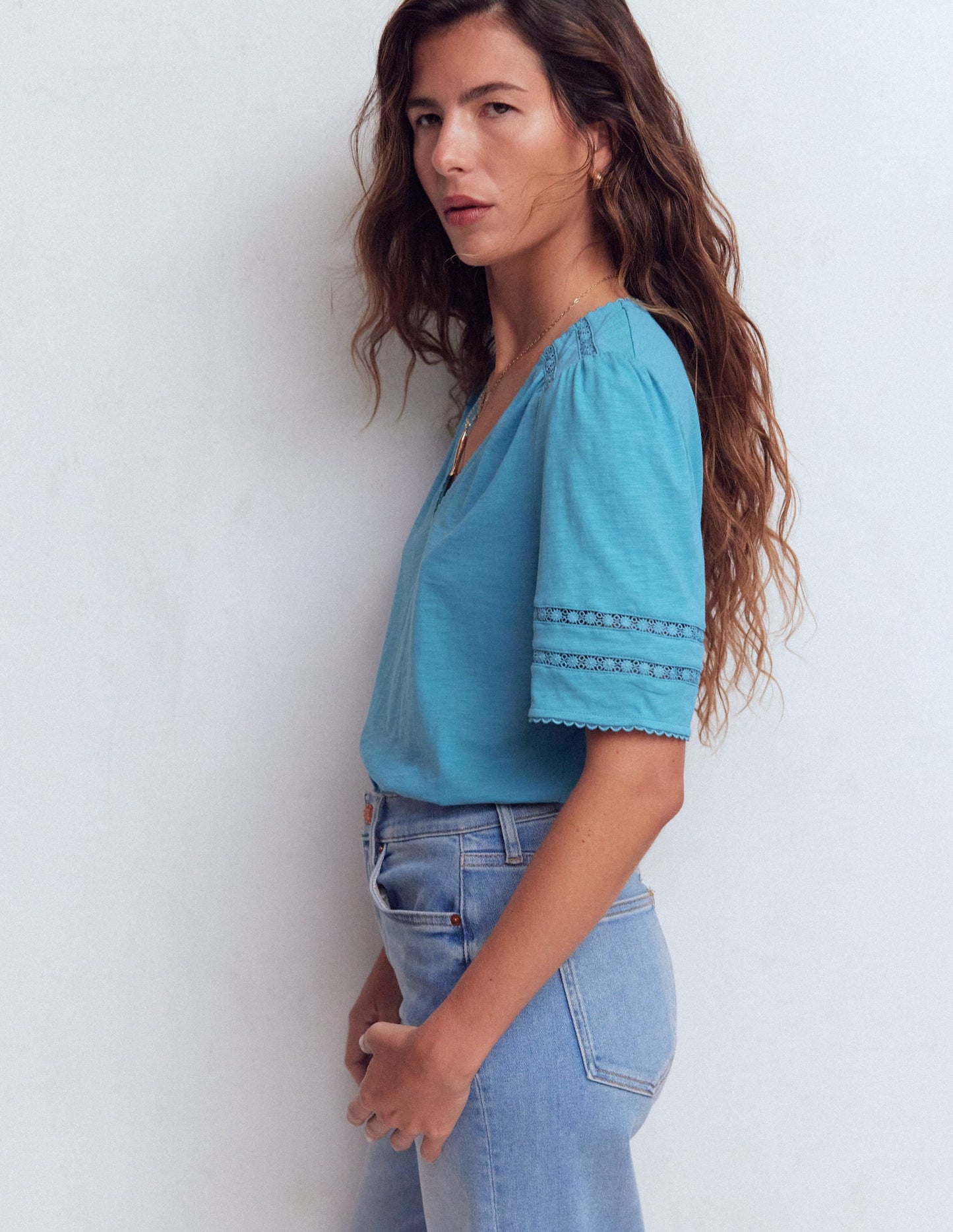 Poppy Trim V Neck T-Shirt-Duck Egg Blue