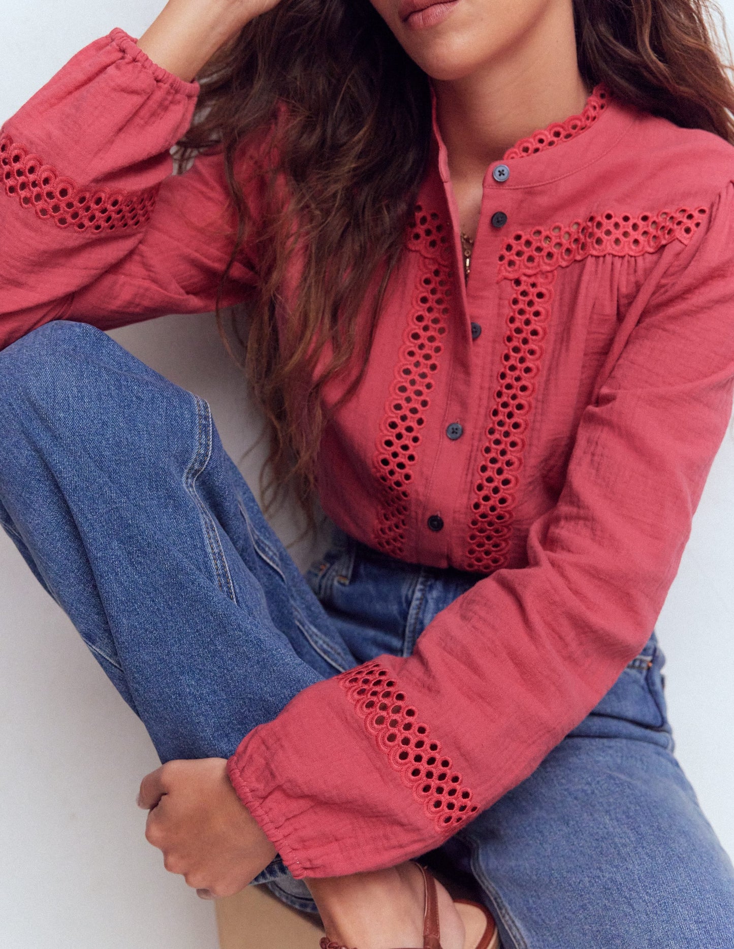 Trim Detail Double Cloth Top-Hollyberry