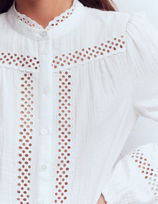 Trim Detail Double Cloth Top-White