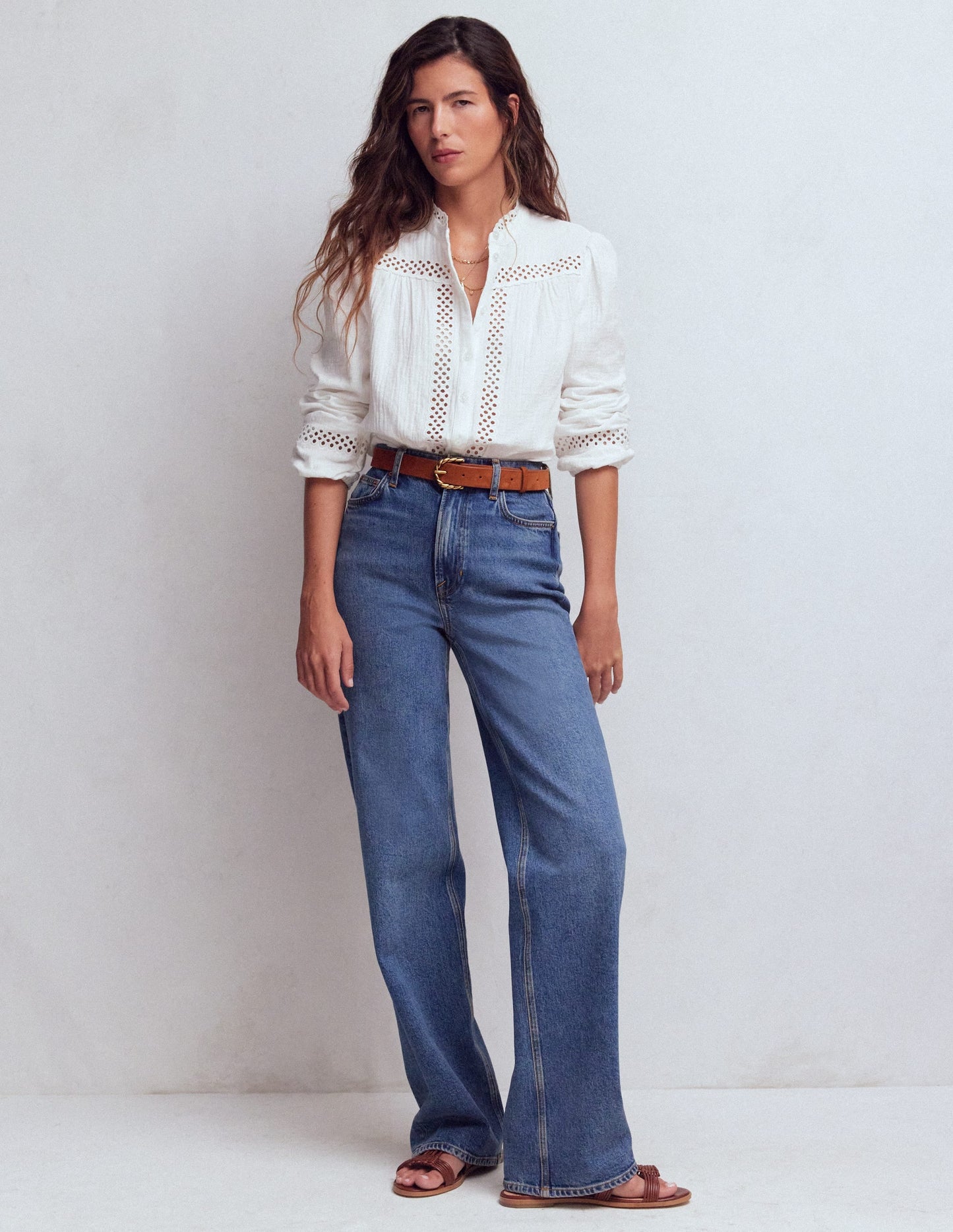 Trim Detail Double Cloth Top-White