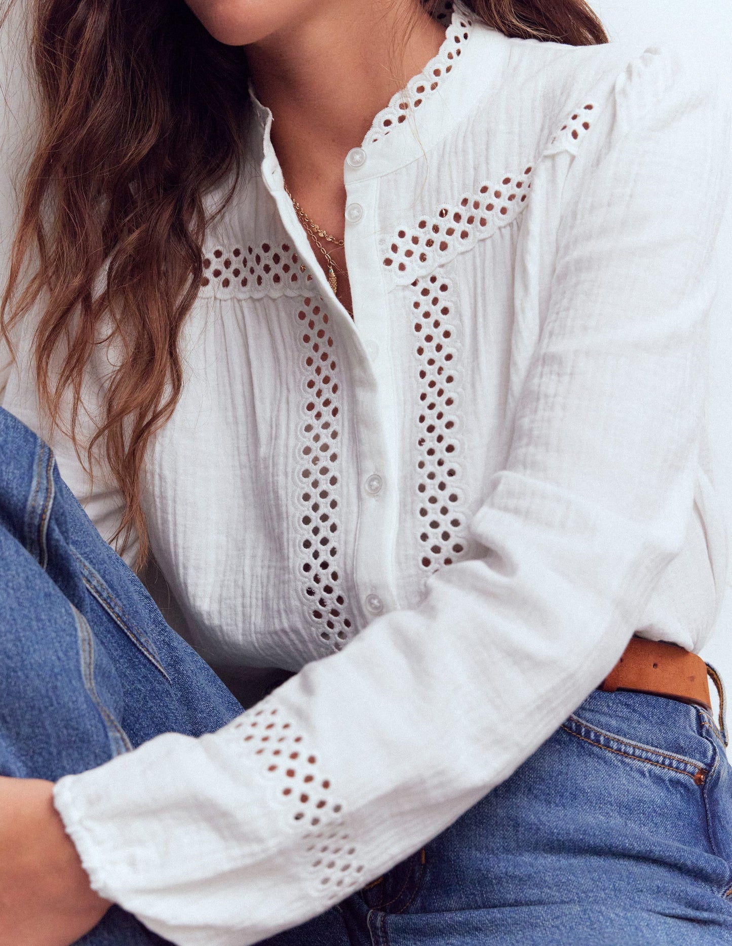 Trim Detail Double Cloth Top-White