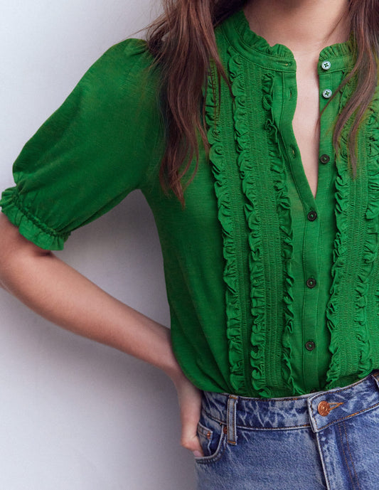 Eda Ruffle Front Shirt-Fresh Green