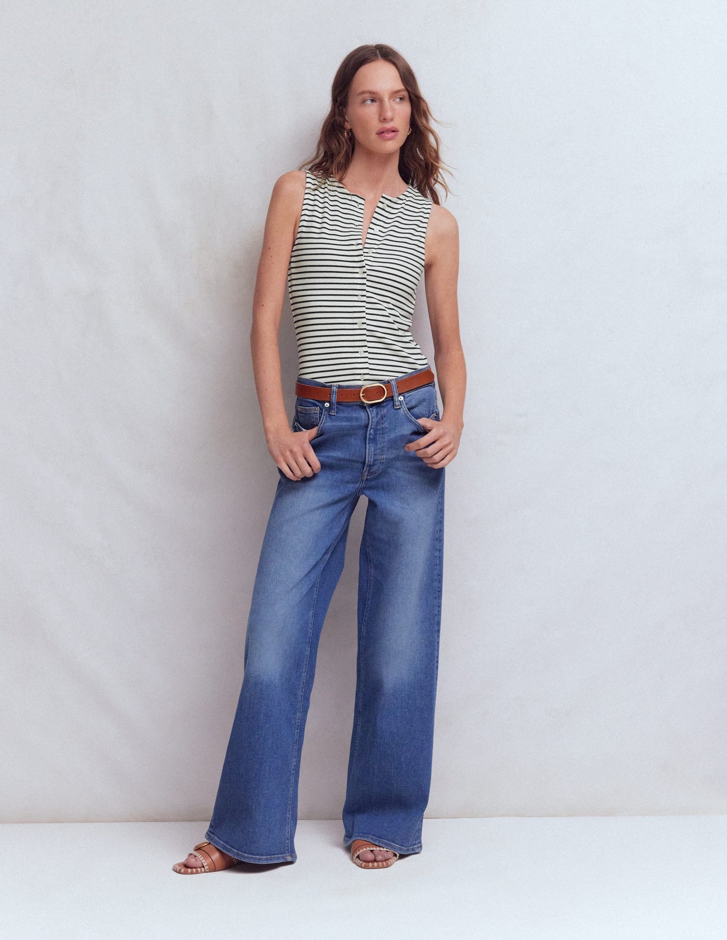 Evie Button Through Rib Vest-Ivory, Navy Stripe