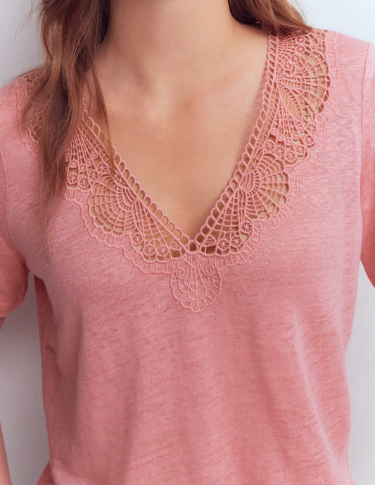 Tara Lace Trim Linen T-shirt-Almond Pink