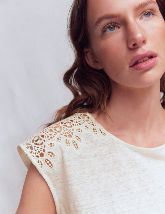 Tara Cutwork Linen Tee-Ivory