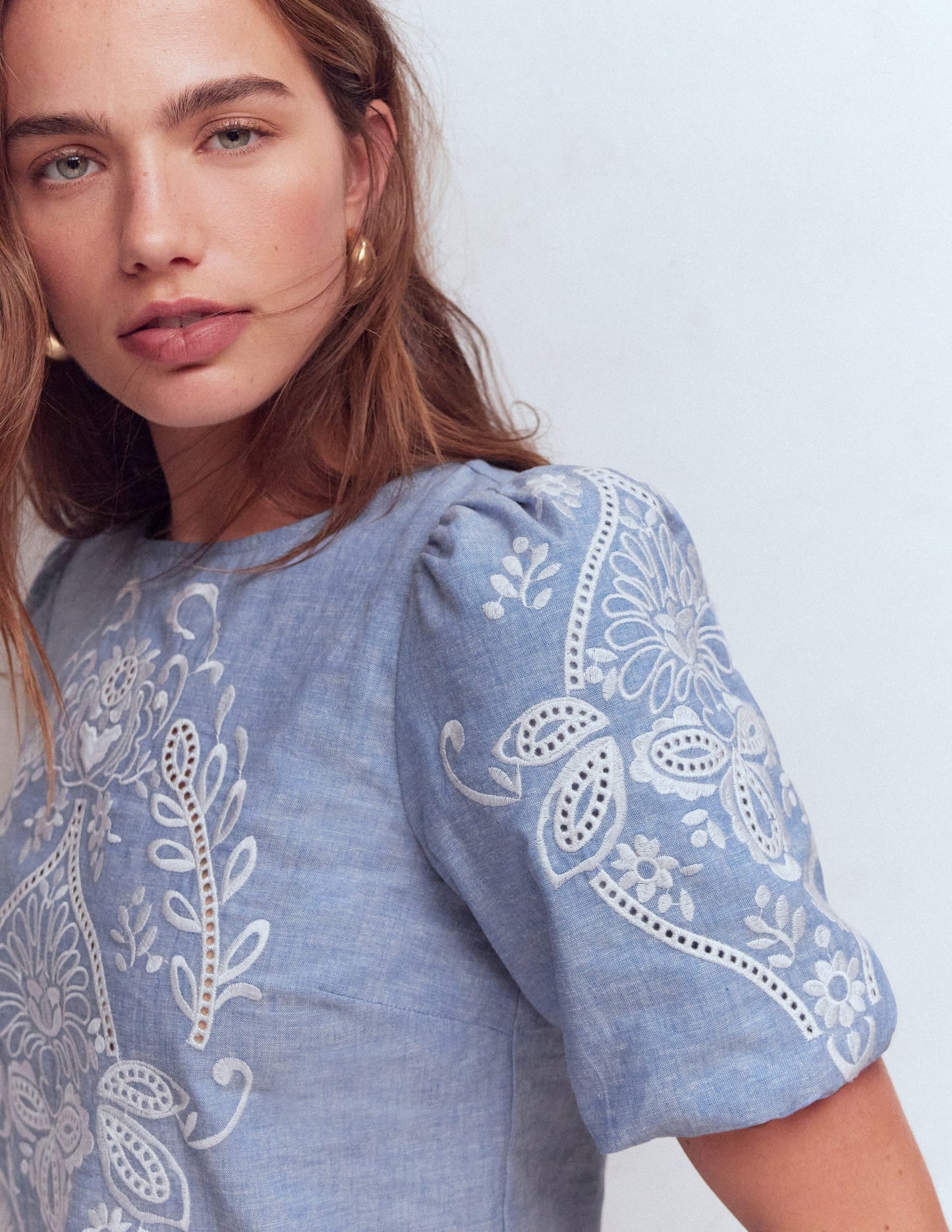 Linen Puff Sleeve Top-Chambray