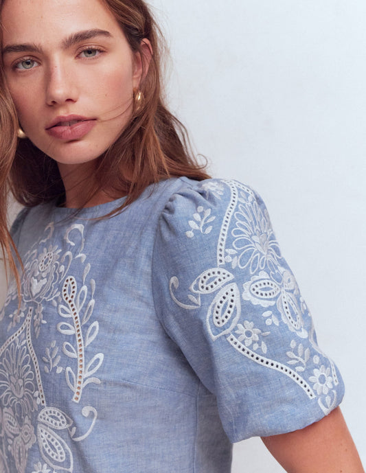 Linen Puff Sleeve Top-Chambray